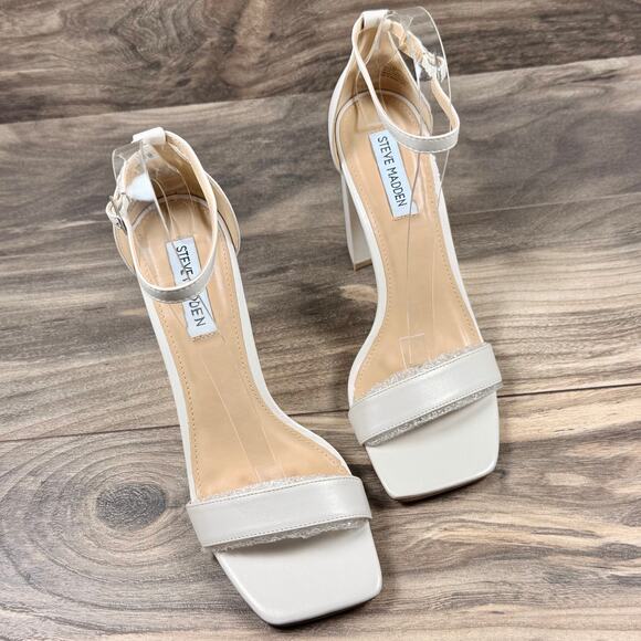 NIB Steve Madden 8.5M Tiaa Leather Two Piece Ankle Strap Block Heel Sandal Bone - Picture 2 of 13